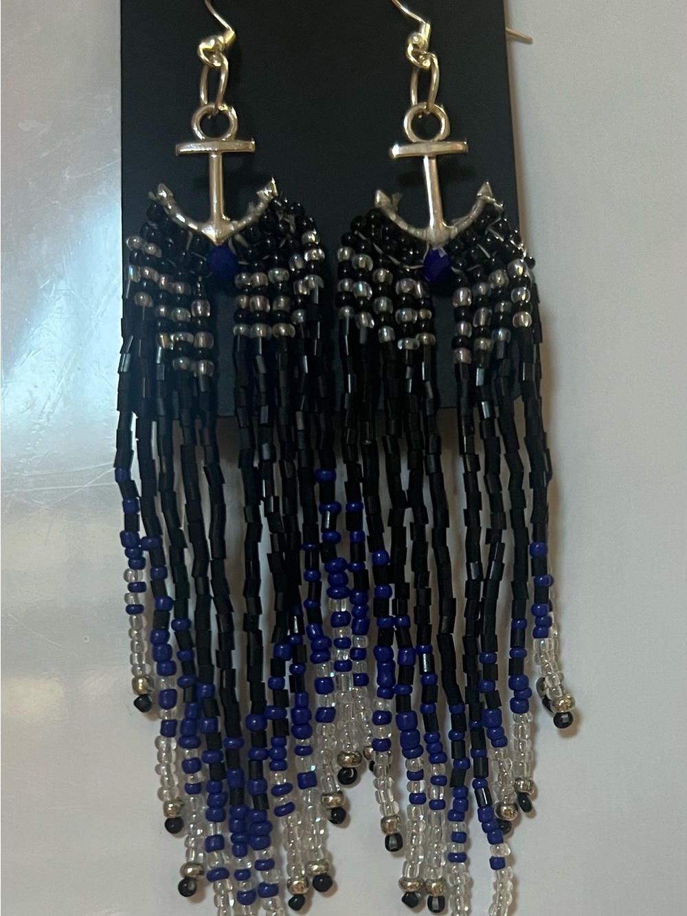 Silver Anchor Fringe Bead Earrings - Black & Navy
